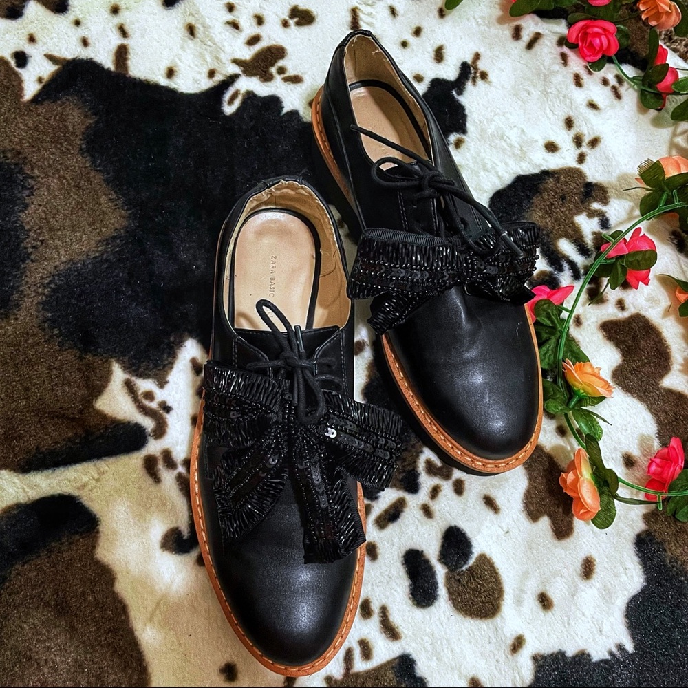 Zara Black Leather Sequin Bow Derby Platform Sz 38